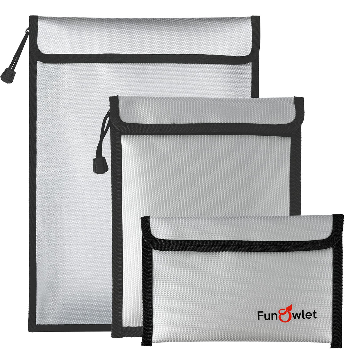 FunOwlet Fireproof Waterproof Document Bag – 3 Pack Fire and Water Resistant Zipper Storage Organizer & Money Safe Pouch Set for Important Papers, Cash, Passports, Jewelry & Electronics (Gray)