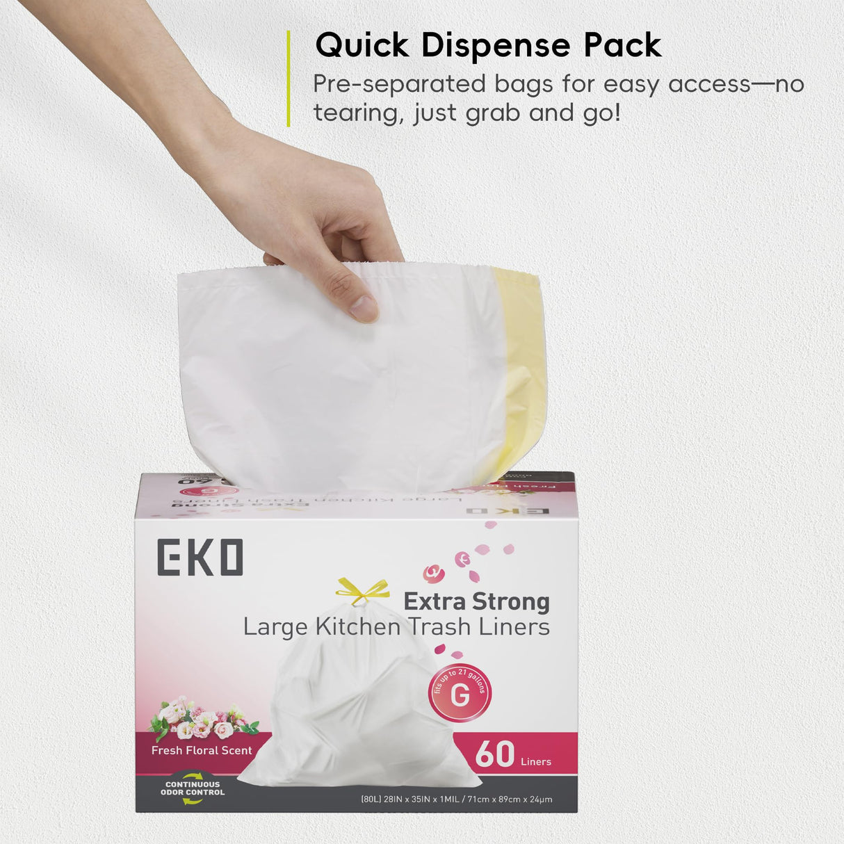 EKO 21 Gallon / 80 Liter Drawstring Trash Bags, Extra-Strong Garbage Bags, Fresh Floral Scent with Continuous Odor Control, 60 Count Easy-Dispense Roll for Kitchen and Household Use, Code G, White
