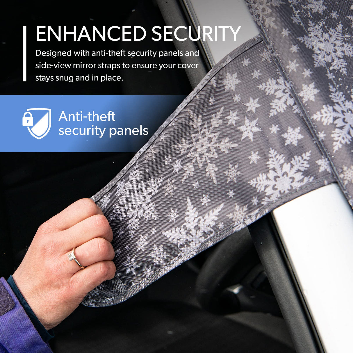 FrostGuard Plus | Winter Windshield Cover for Ice and Snow, XL Size (Snowflake) - Built-in Security Panels, Wiper Blade Coverage + Mirror Covers - Fits XL Size Cars, Trucks and SUVs, 68 x 41 Inches