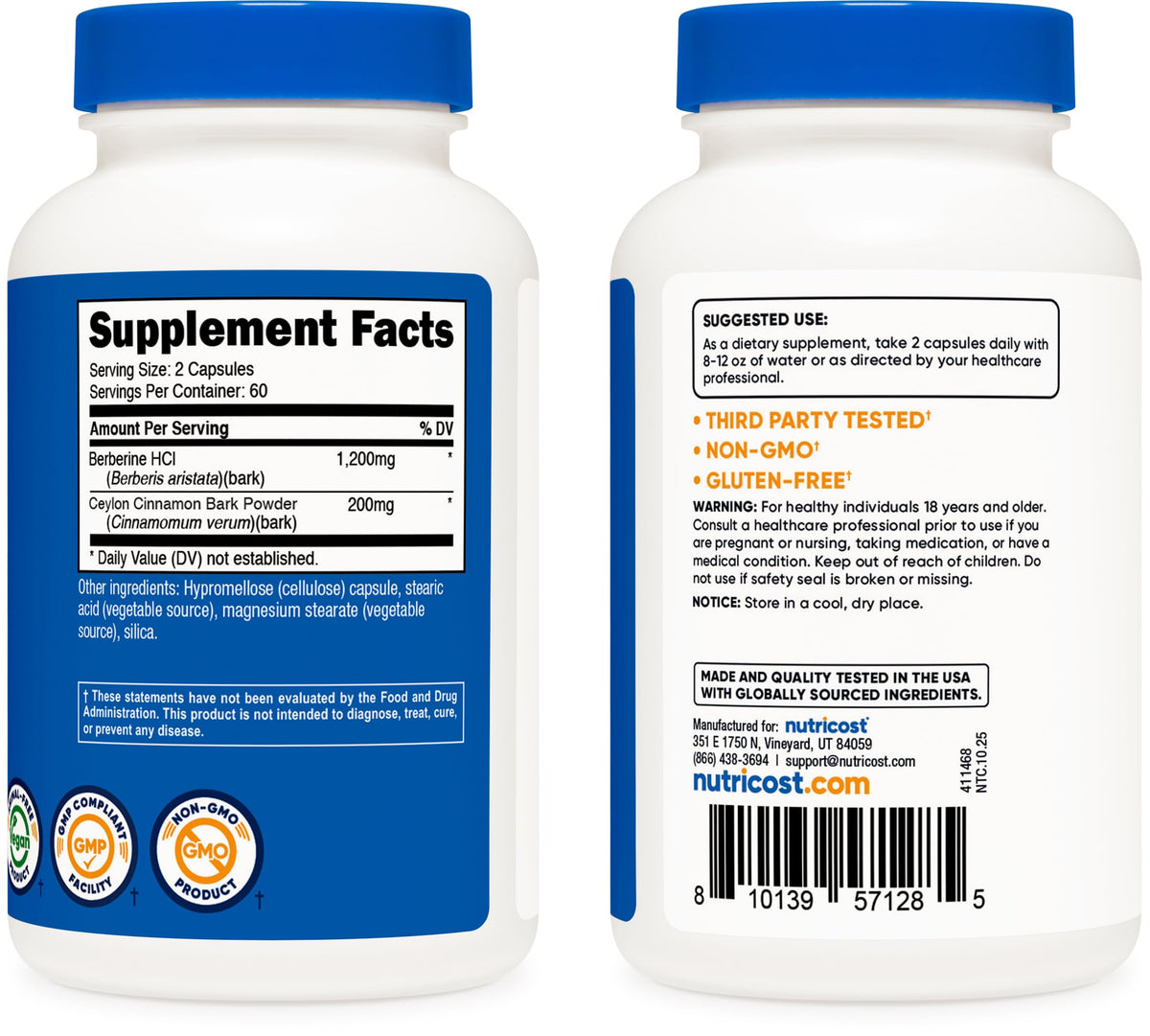 Nutricost Berberine HCl with Ceylon Cinnamon Capsules (120 Capsules)