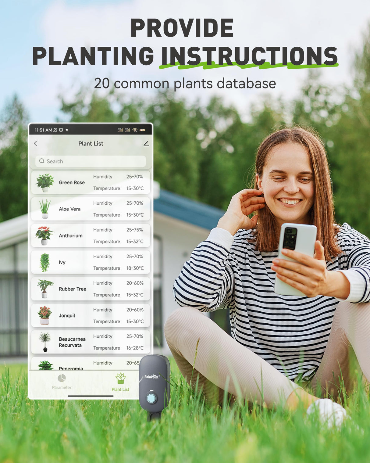 RAINPOINT Bluetooth 2-in-1 Soil Moisture & Air Temp Meter, App Remote Monitoring, 20 Plant Database, Compatible with WiFi Hub TWG009 & Water Timer ITV102b