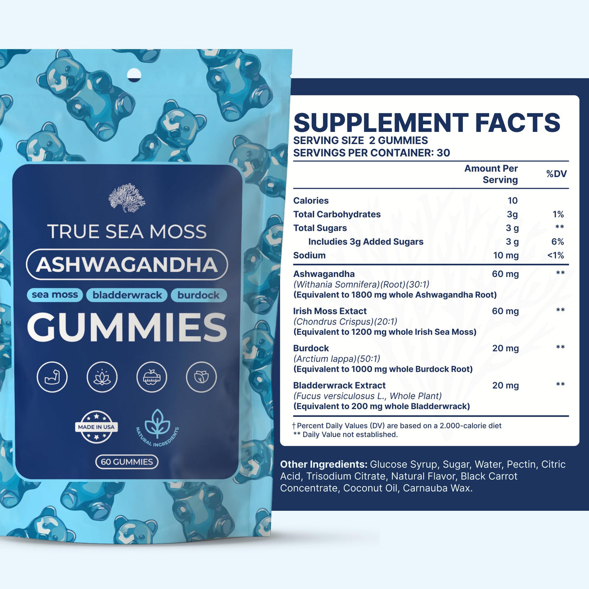 TrueSeaMoss Ashwagandha Gummies for Women & Men – Vegan Herbal Blend with Sea Moss, Bladderwrack & Burdock, 60 Gummies in Pouch (30-Day Supply)