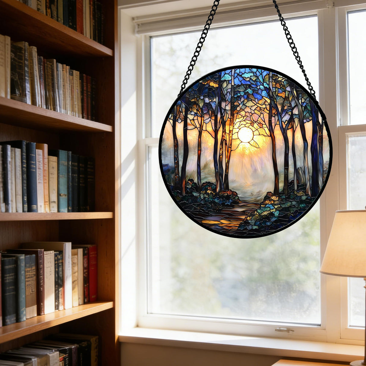 DASTOLL Stained Glass Window Hanging, Forest Sunrise Smoke Blue Brown Tree Suncatcher for Doors Window Home Landscape Sun Catchers Decor Mother's Day Birthday Gifts for Women, Men Mom 6.3 in