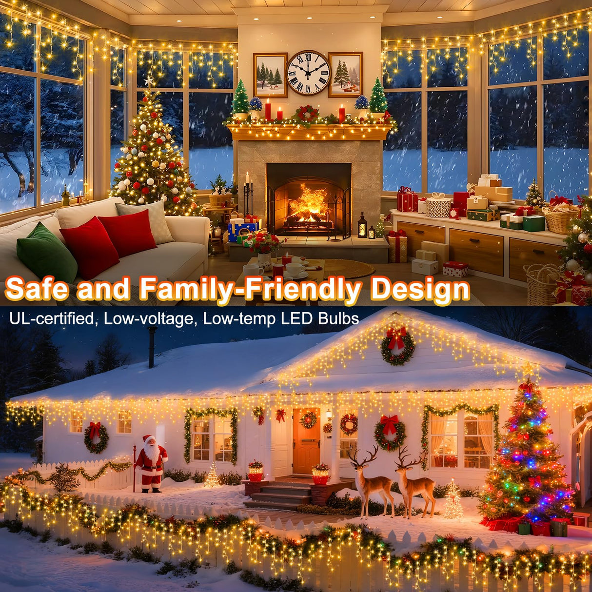 KNONEW Christmas Lights Outdoor Decorations 400 LED 33ft 8 Modes Curtain Fairy String Light with 75 Drops, Clear Wire LED String Light Indoor Decor for Wedding Party Christmas Decorations Warm White