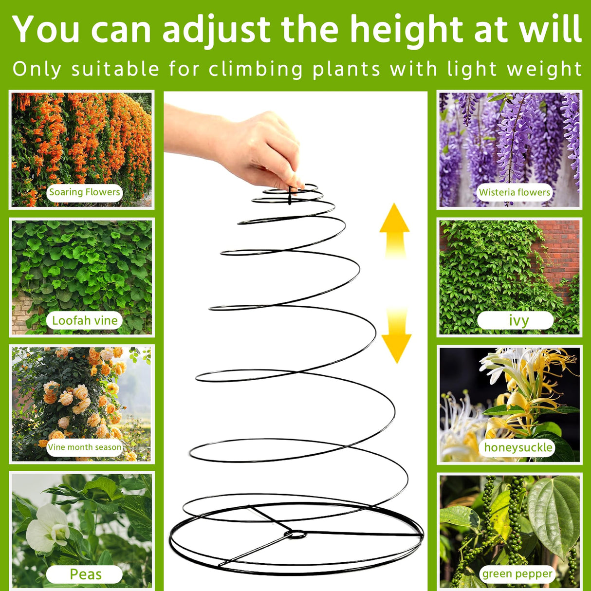 3 Pack 53.6" Spiral Plant Support Stakes, Adjustable Metal Pea Trellis for Climbing Plants, Garden Support Rings with 9 Extension Rods & 9 Ground Stakes for Potted Plants, Vegetables, Flowers,Peas