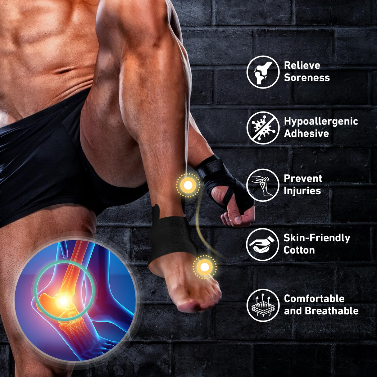 Kinesiology Tape for Ankle, KTQUICK 12 Count Ankle Tape Precut, Original Cotton Waterproof & Breathable, Enhance Elastic Kinesiology Athletic Tape for Ankle Support and Muscle to More Sports (Black)
