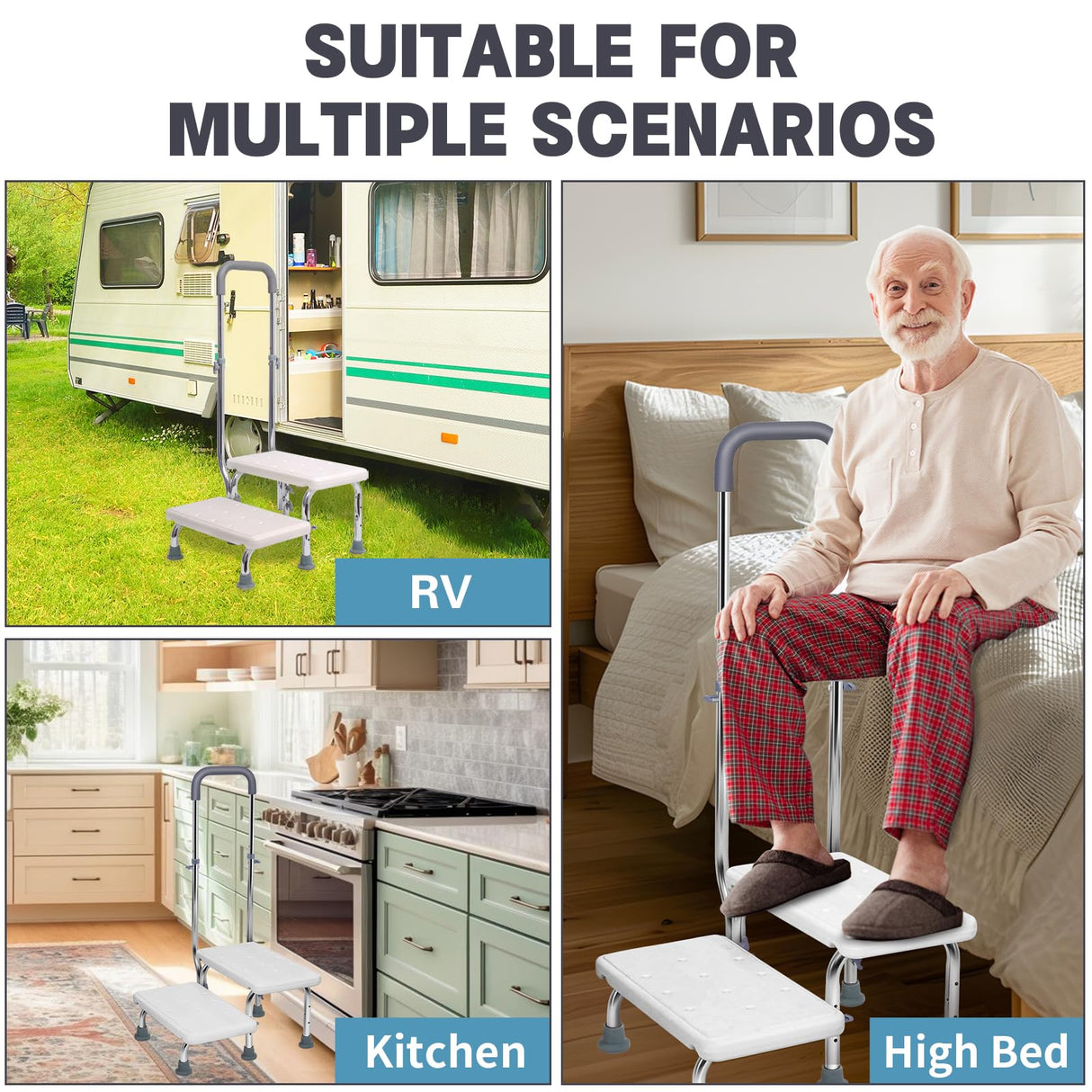 2 Step Stool with Handle for Elderly - Non-Slip Bedside Steps with Adjustable Handrail (450 lbs Capacity)