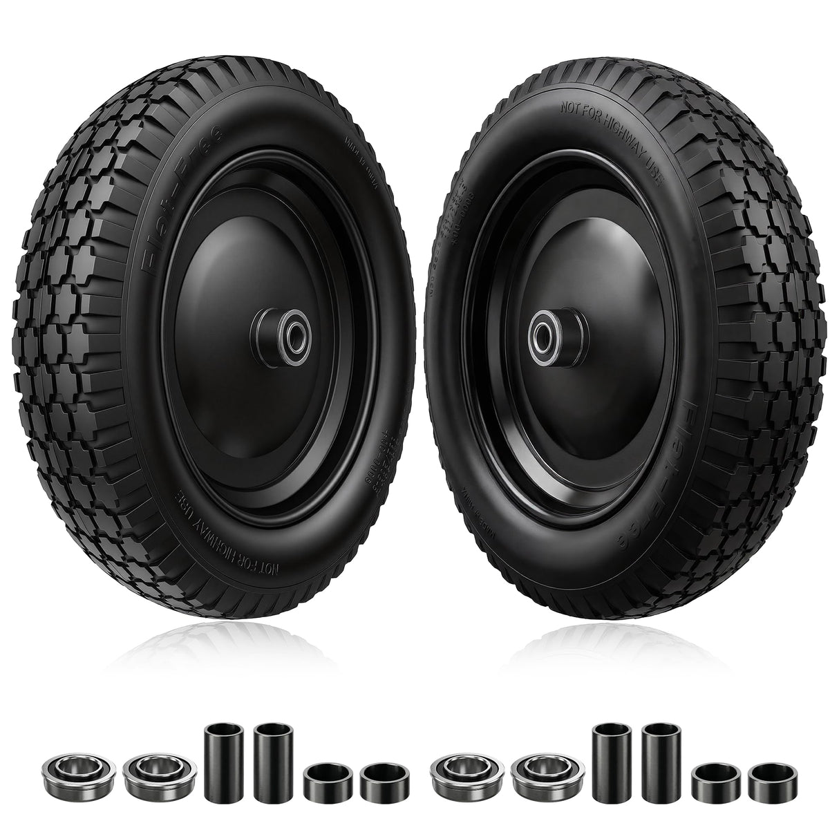 2-PCS 4.80/4.00-8 Tire, 14.5" Flat Free Wheelbarrow Tire and Wheel - Solid Replacement Tires with 3"-7" Adjustable Centered Hub, 5/8" & 3/4" Bearings | Fit 4.80/4.00-8, 4.00-8, 4.00-6, 3.50/3.00-8