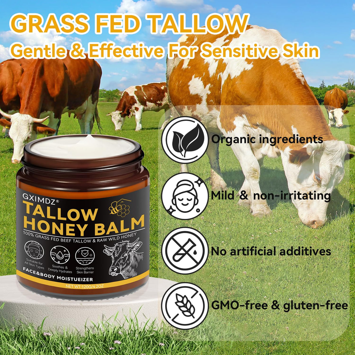 Beef Tallow for Skin, Whipped Tallow and Honey Balm, Organic Grass-Fed Beef Tallow with Raw Honey & Beeswax Natural Moisturizer for Face & Body, Nourish and Soothe Sensitive, Dry Skin