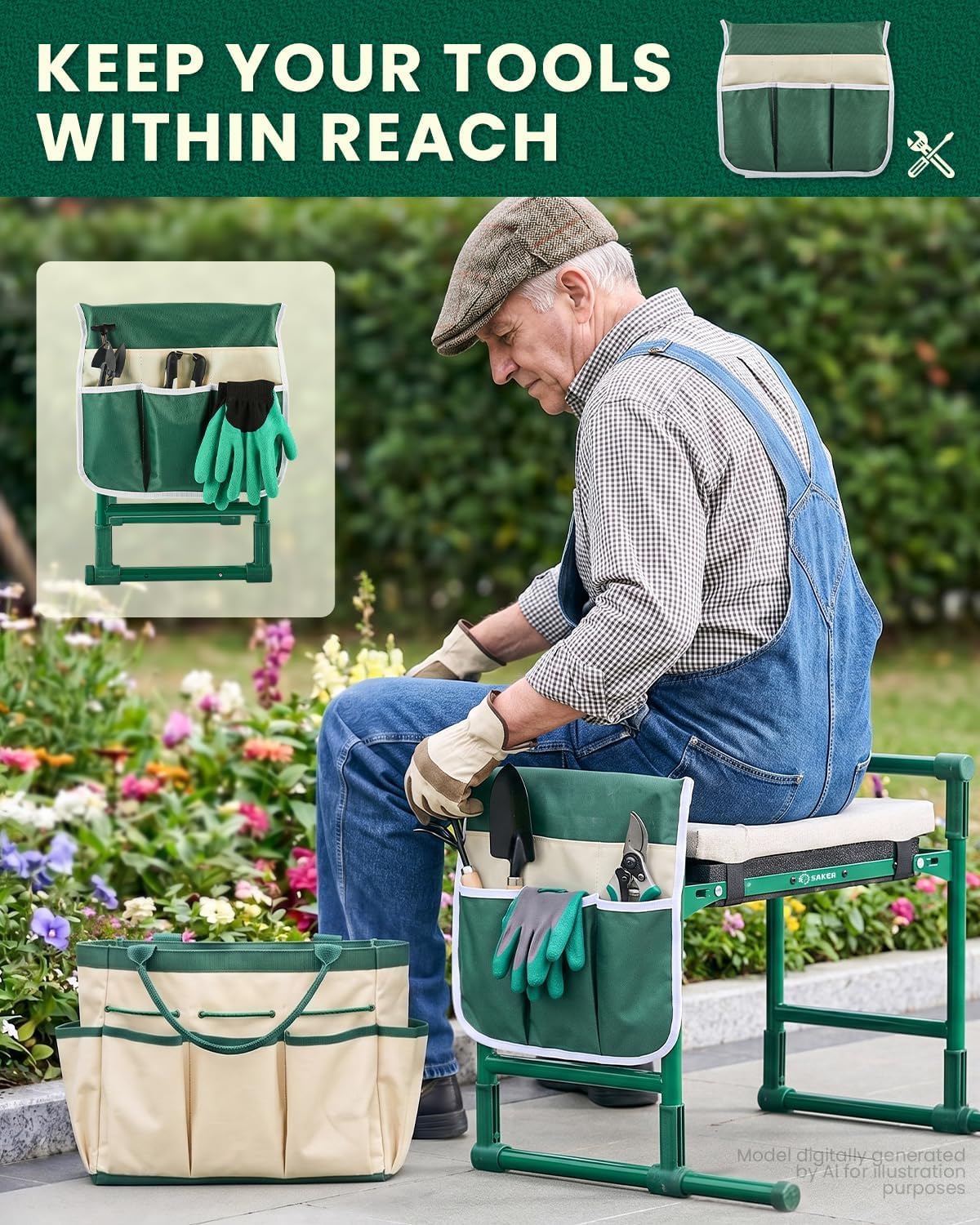 Saker 2026 Upgraded Garden Kneeler and Seat - Gardening Bench Gardening Stool with 500LB Heavy Duty Round-Tube Frame, Soft Kneeling Pad Foldable Support for Elderly, Gardening (Luxury Version)
