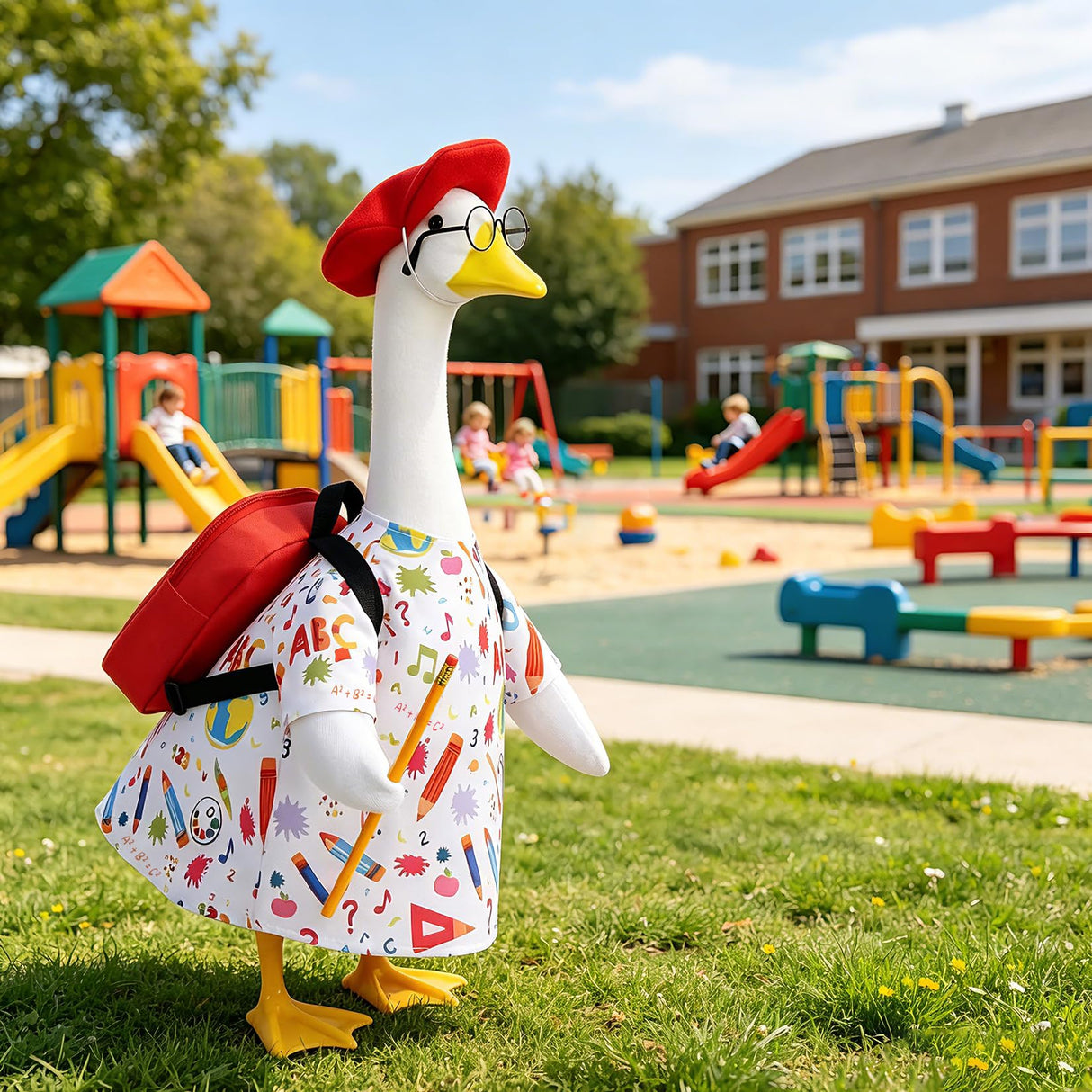 Hodola Back to School Porch Goose Outfits with Student Glasses & Backpack - Fits 23" Plastic Goose Statue - Goose Clothes for Class, Lawn, Yard, Garden Decor
