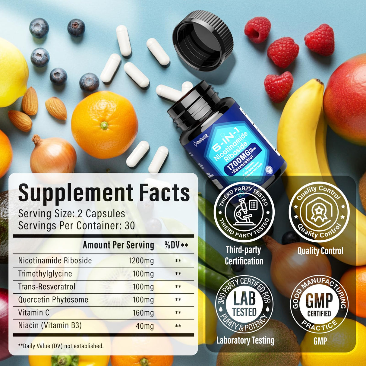 molorik NAD+ Supplement, Nicotinamide Riboside 1700mg, with Trimethylglycine, Trans-Resveratrol, Vitamin C, Niacinm(B3), Supports Anti-Aging, Cell Repair, Healthy Skin, Vitality - 60 Capsules