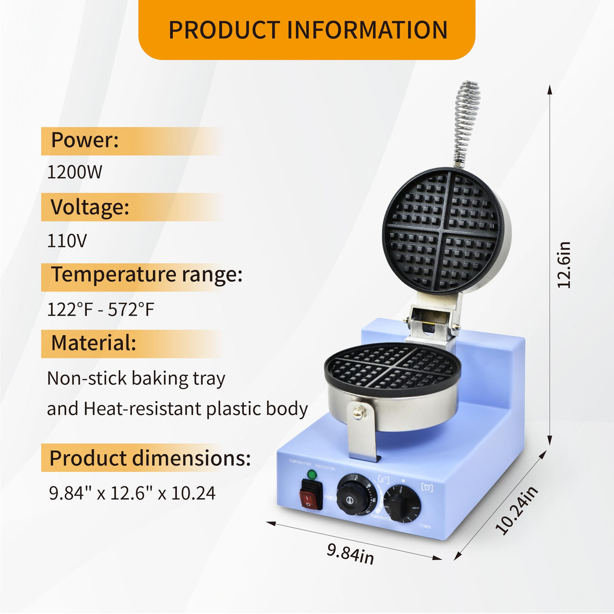 Commercial Waffle Maker, 1200W Round Waffle Iron Machine with Timer & Temp Control, Nonstick Plates, Heat-Resistant Shockproof Non-Conductive Plastic Body (110V, Sky Blue)