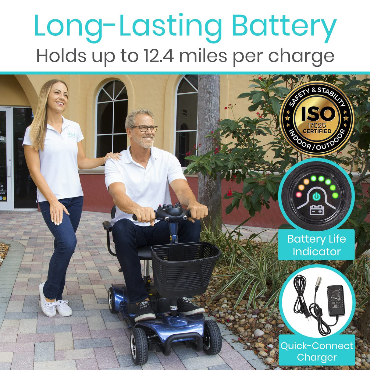 Vive 4 Wheel Mobility Scooter - Electric Powered Wheelchair Device - Compact Heavy Duty Mobile for Travel, Adults, Elderly - Long Range Power Extended Battery with Charger & Basket (FSA/HSA Eligible)
