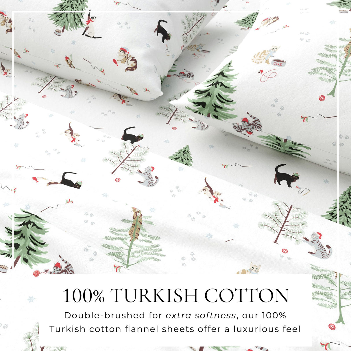 Great Bay Home Christmas Flannel Sheet Set Queen Size - 100% Turkish Cotton, Double-Brushed, Winter Bed Sheets - Ultra-Soft, Cozy, 4-Piece Holiday Bedding Set (Winter Cats)