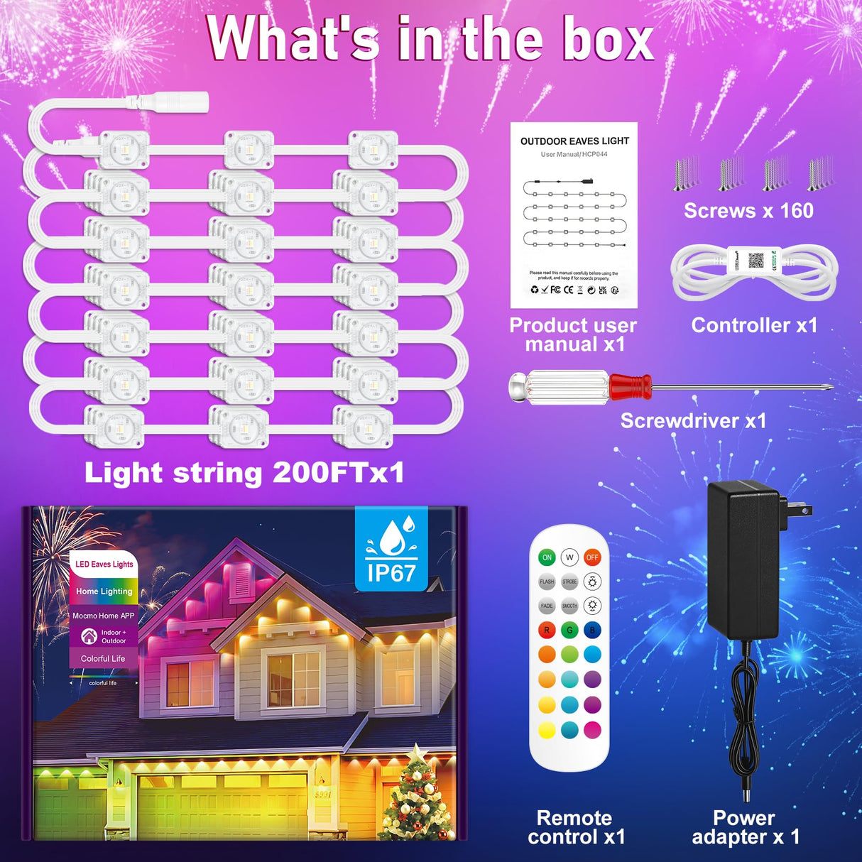 MUCCCUTE Permanent Outdoor Lights for Christmas 200ft RGB House Lights w/App & Remote Control Smart Rainbow LED IP67 Waterproof for Holidays New Year Roof Eaves Garden Décor All Year Around