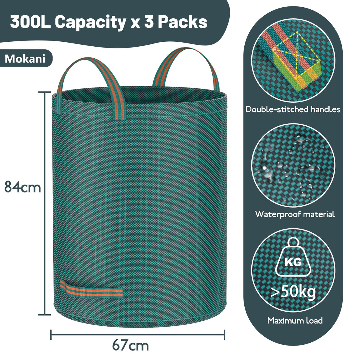 Mokani Reusable Yard Waste Bags, 79 Gallon Lawn and Leaf Bags 3 Packs, Heavy Duty Garden Bags With Reinforced Handles, Camping Yard Recycling Leaf Bag for Leaves