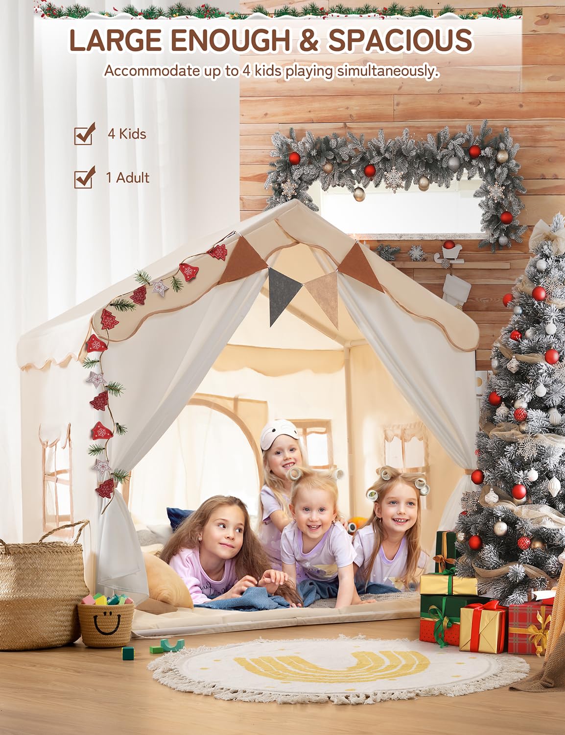 Besrey Kids Play Tent 2 in 1 with Padded Mat and Lights, Large Kids Playhouse with 2 Doors & 4 Windows, Indoor & Outdoor, Christmas Toddler Tent, 51" x35" x 51"