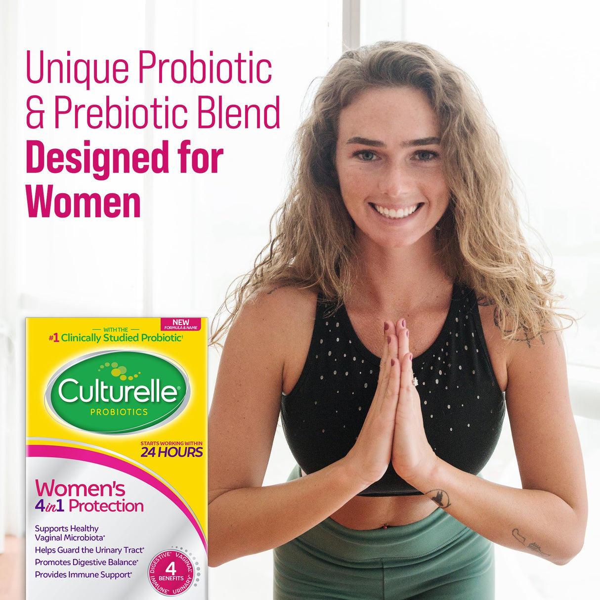 Culturelle 4-in-1 Probiotics for Women, Daily Probiotic & Prebiotic Supplement to Support Vaginal Health, Digestive Health, Immune Health, Occasional Diarrhea, Gas & Bloating Relief, Non-GMO, 30 Count