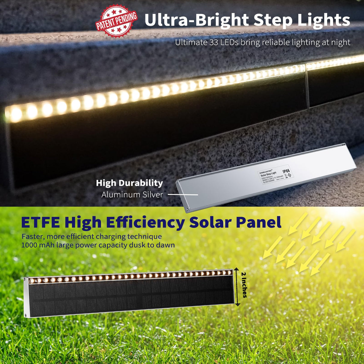 SHONELIGHTING Solar Step Lights for Outside, 33 Focused-Beam High-Brightness LEDs, Waterproof Aluminum Outdoor Stair Light for Risers, Curbsides, Poolsides, Planter Edges (Warm White, 6Pack)