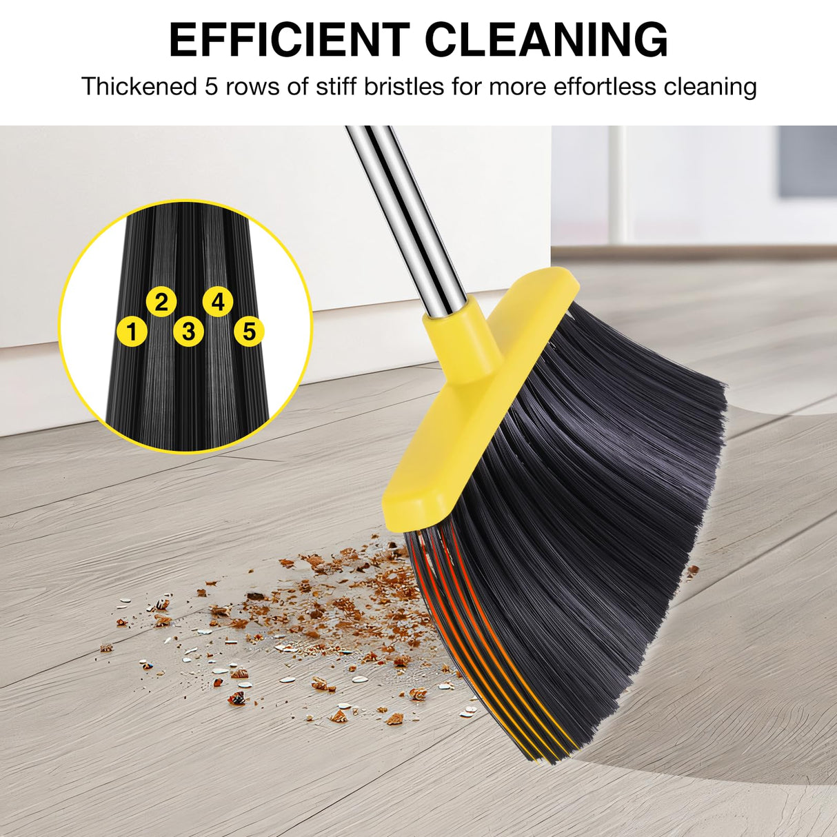 NACENA Broom and Dustpan Set, 52-in Long Adjustable Handle Broom Dustpan Combo with Dustpan Teeth to Automatically Clean Hair Suitable for Home Kitchen Office Hall Floor (Grey&Yellow), 2 Pack