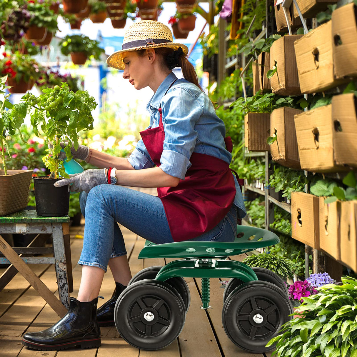 LDAILY Garden Seat with Wheels, Heavy-Duty Utility Stool Cart with Adjustable 11"-16" Height & 360° Rotatable, Rolling Garden Cart with Seat for Lawn Planting, Yard Work, Patio Gardening (Green)