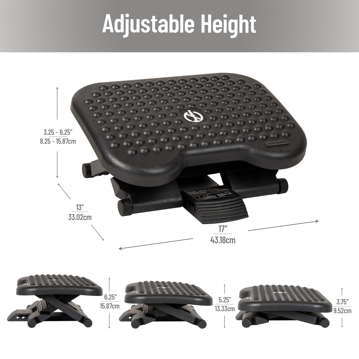 Mind Reader Foot Rest, Under Desk at Work, Ergonomic, Height Adjustable, Office, Plastic, 17"L x 13"W x 6.25"H, Black