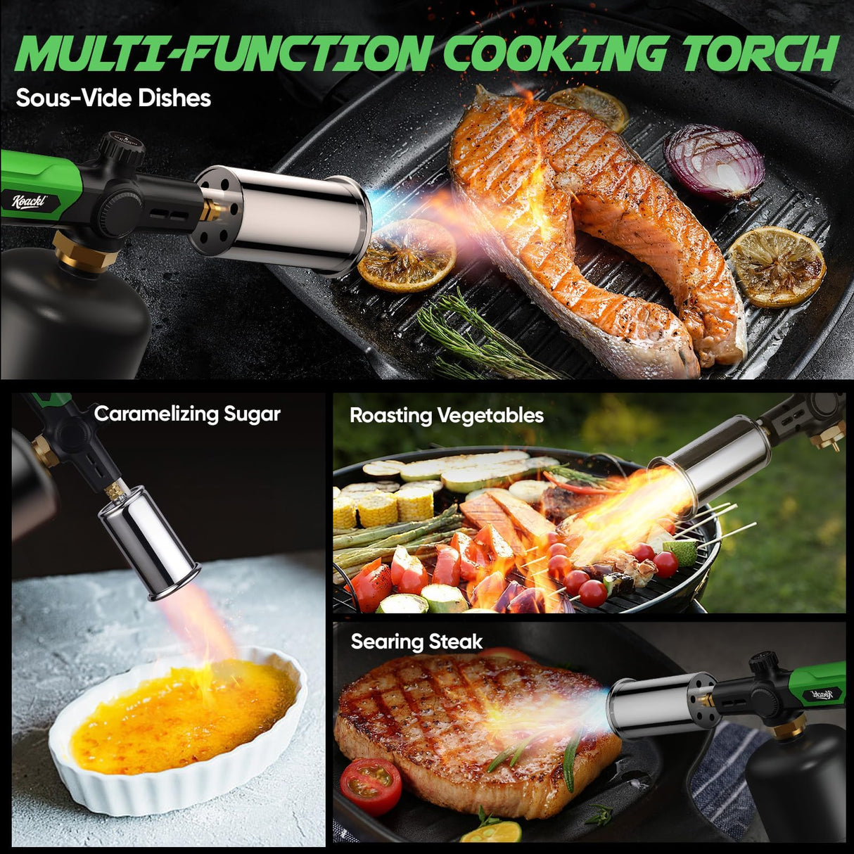 KOACKL Propane Torch Head, Kitchen Blow Torch Gun, Campfire Charcoal Starter, Grill Torch with Igniter, Adjustable Flame for Cooking, Soldering(Propane Tank Not Included)