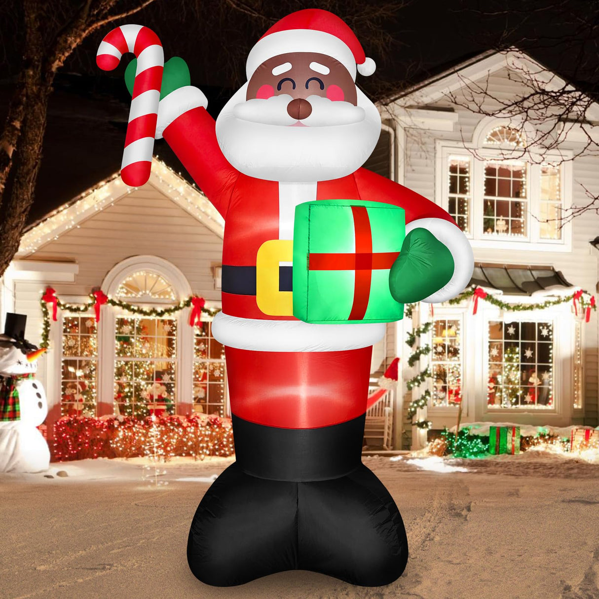 8 FT Tall Giant Black Santa Inflatable Christmas Decorations Outdoor Candy Cane & Gift Box, Build in LED Lights Funny Merry Xmas Blow Ups Yard Decoration for Outside Holiday Winter Indoor Patio Lawn