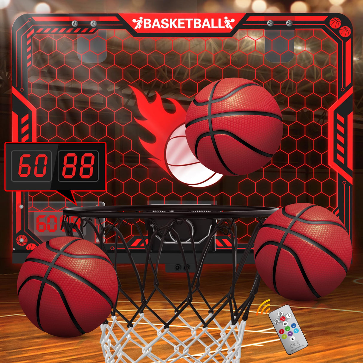 ZIZZ Indoor Basketball Hoop for Kids: Over The Door Basketball Hoop with LED Light & Scoreboard Mini Basketball Hoops with 3 Balls Christmas Birthday Toys Gifts for 5 6 7 8 9 10 11 Year Old Boys Girls