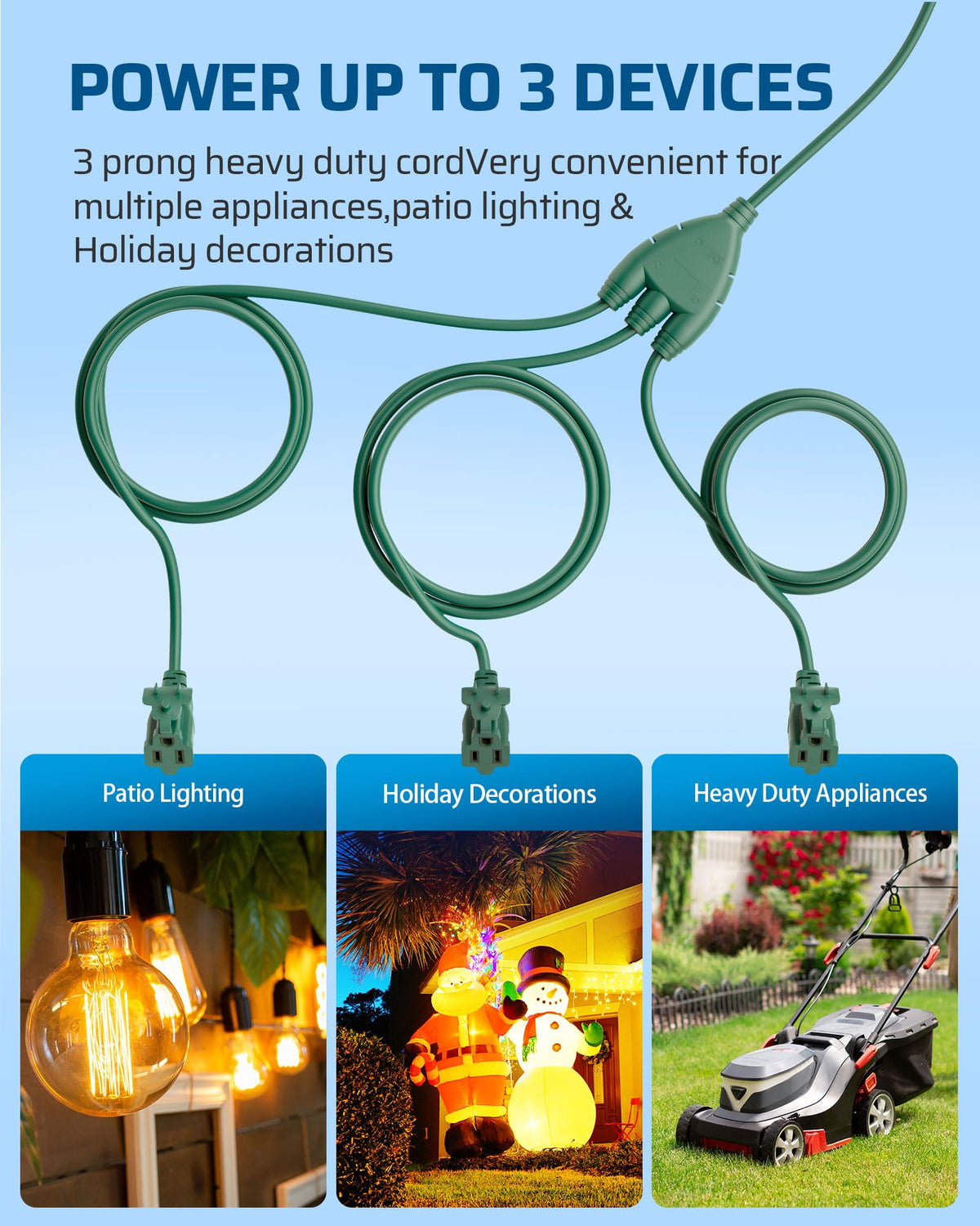 DEWENWILS 40FT (22’+6’ *3), 1 to 3 Splitter Outlets, 3 Prong Outlets, Green