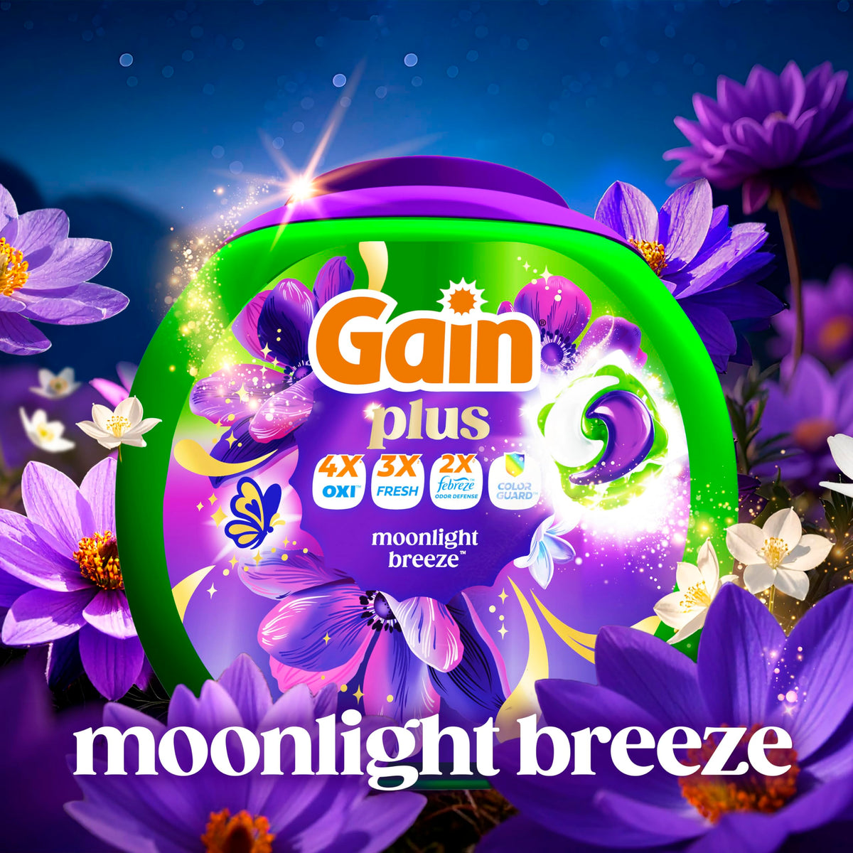 Gain Plus Flings Liquid Washing Detergent Pacs, Gain's Best Clean, All-In-One, Moonlight Breeze Scent, 45-Count Tub