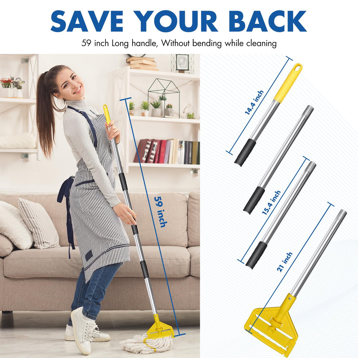 KULED Heavy Duty Industrial Mop, Commercial Cotton Mop with 59 Inch Handle, Looped-End String Wet Mops with 2 Heads for Floor Cleaning, Workshop, Warehouse, Home and Garage