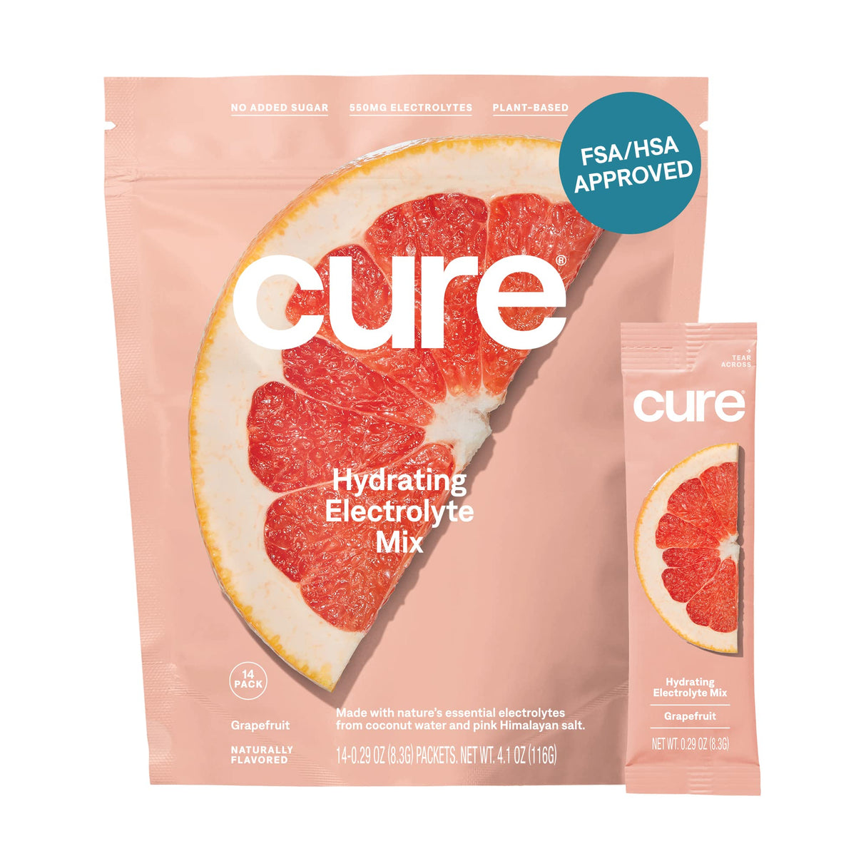 Cure Hydration Plant Based Electrolyte Mix | Powder for Dehydration Relief | Made with Coconut Water | No Added Sugar | FSA & HSA | Vegan | Paleo Friendly | Pouch of 14 Packets - Grapefruit