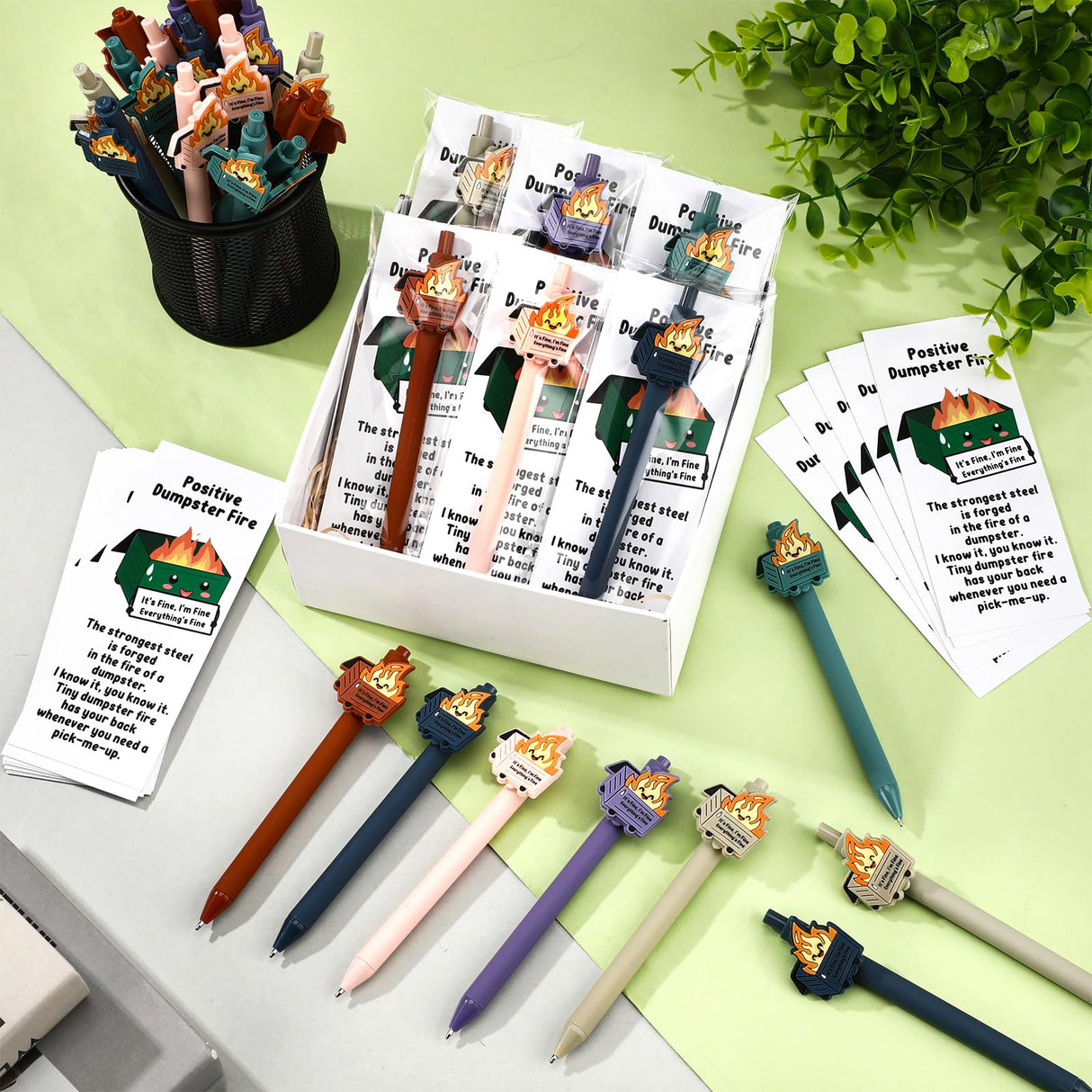 Sayglossy 30 Sets Dumpster Fire Gifts Funny Dumpster Fire Ballpoint Pens and Bookmarks Bulk Emotional Support Gift for Christmas Office Desk Accessories Work Coworkers Team Employee Staff Teachers