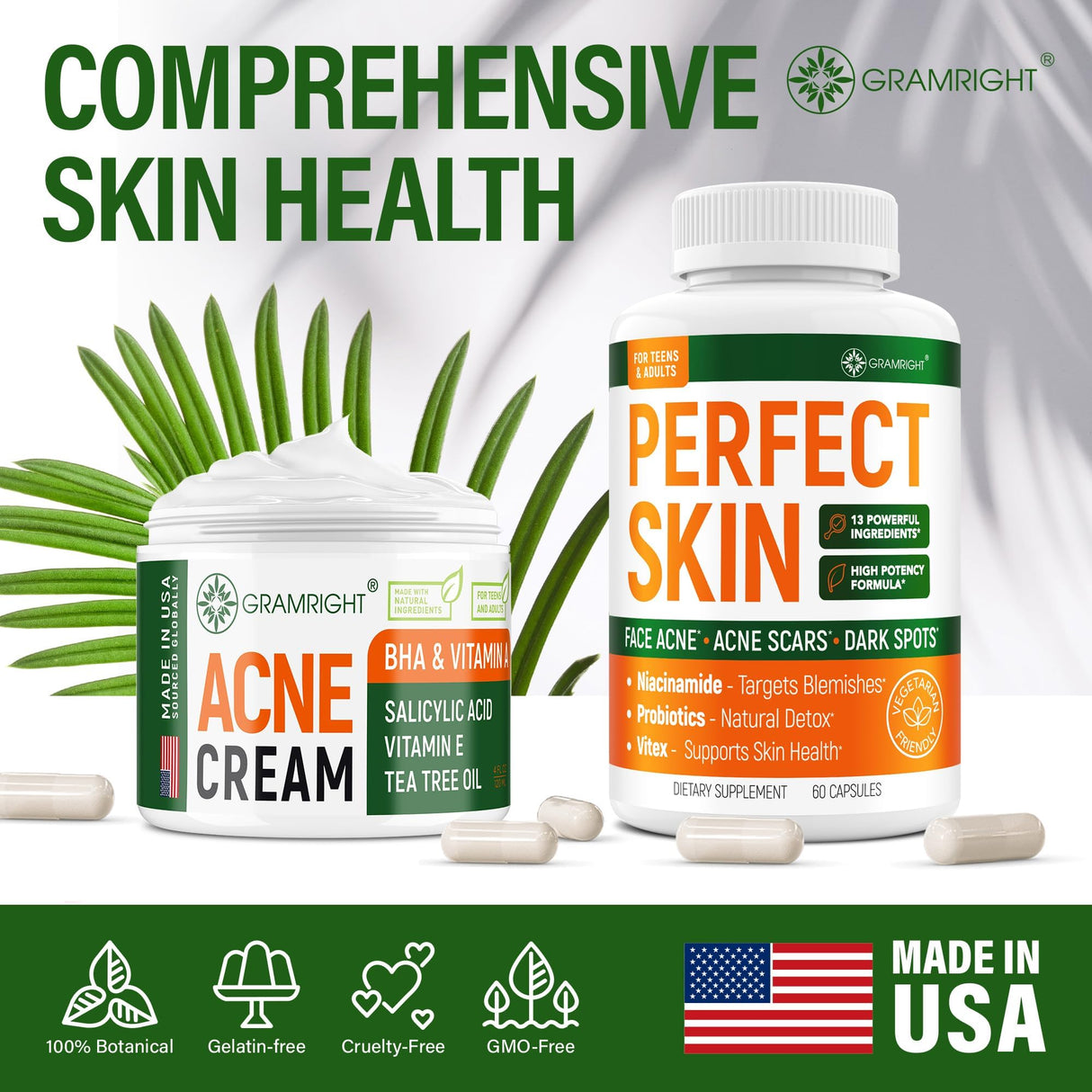 Perfect Skin Acne Capsules – Niacinamide, Biotin, Vitamin A & Probiotics for Teens & Adults – 13 Powerful Ingredients for Face Acne, Acne Scars & Dark Spots – 60 Vegan Capsules, Made in the USA