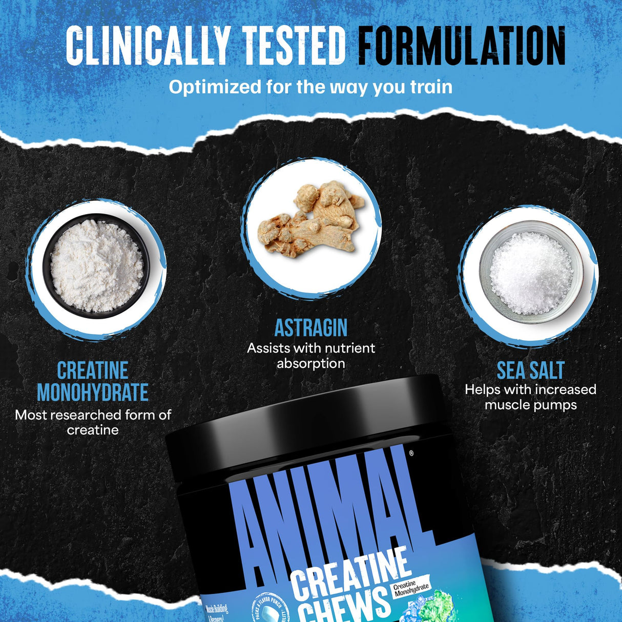 Animal Creatine Chews – Enhanced Creatine Monohydrate Chewable Tablets with AstraGin & Sea Salt, Max Absorption Pre Post-Workout, Lean Muscle Growth, Strength & Recovery, New Flavor Candy Crush’d
