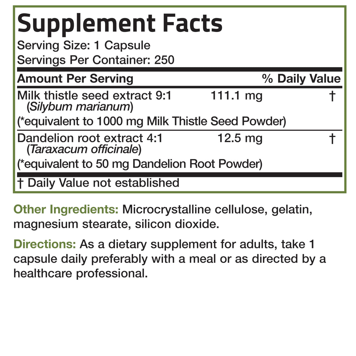Bronson Milk Thistle Silymarin Marianum & Dandelion Root Liver Health Support, Antioxidant Support, Detox, 250 Capsules