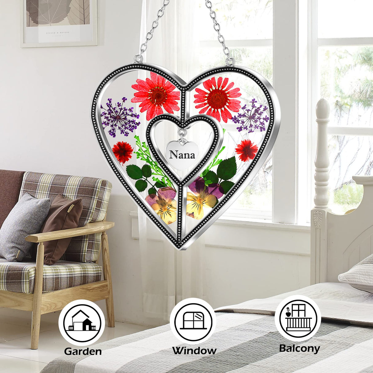 KY&BOSAM Nana Gifts Heart Suncatcher Stained Glass Panel Suncatchers for Window Hanging Ornament Wind Chime Pressed Flower Embedded in Glass and Heart Charm Birthday Gifts for Nana