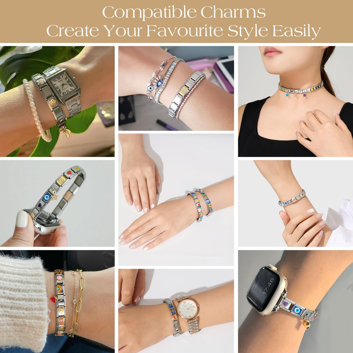 Stainless Steel Italian Charm Bracelet, 18 Link Starter Bracelet 9mm Charms