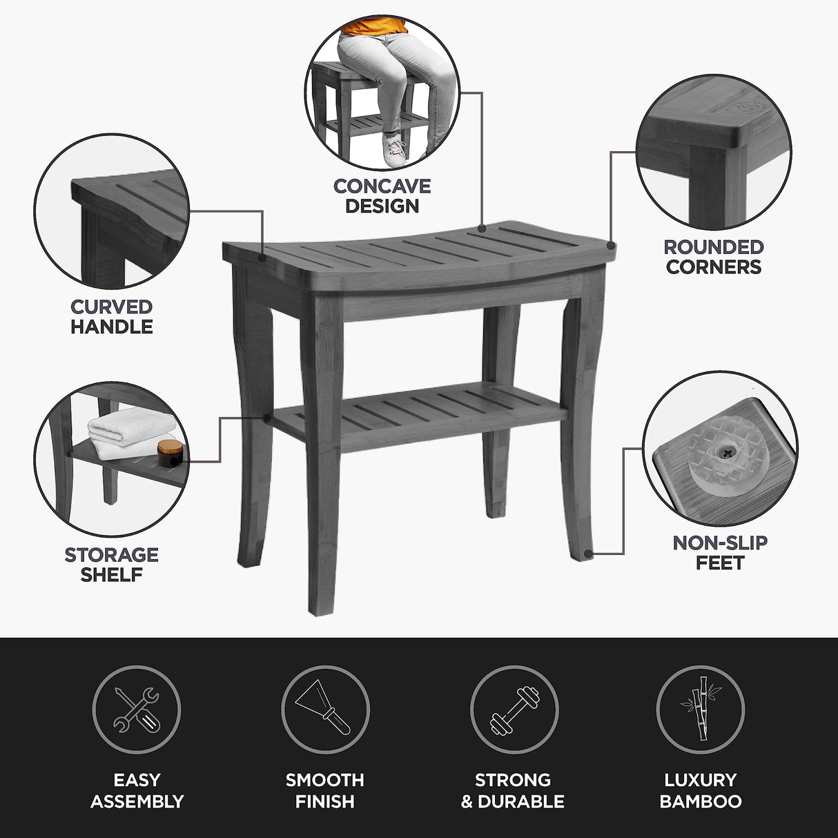 Bamboo Shower Bench - Small Shower Stool with Storage Shelf, Non-Slip Shower Seat, Bathroom Bench, Spa Decor Wooden Shower Bench, Foot Rest Shaving Stool for Shower, Indoor/Outdoor Use, Grey