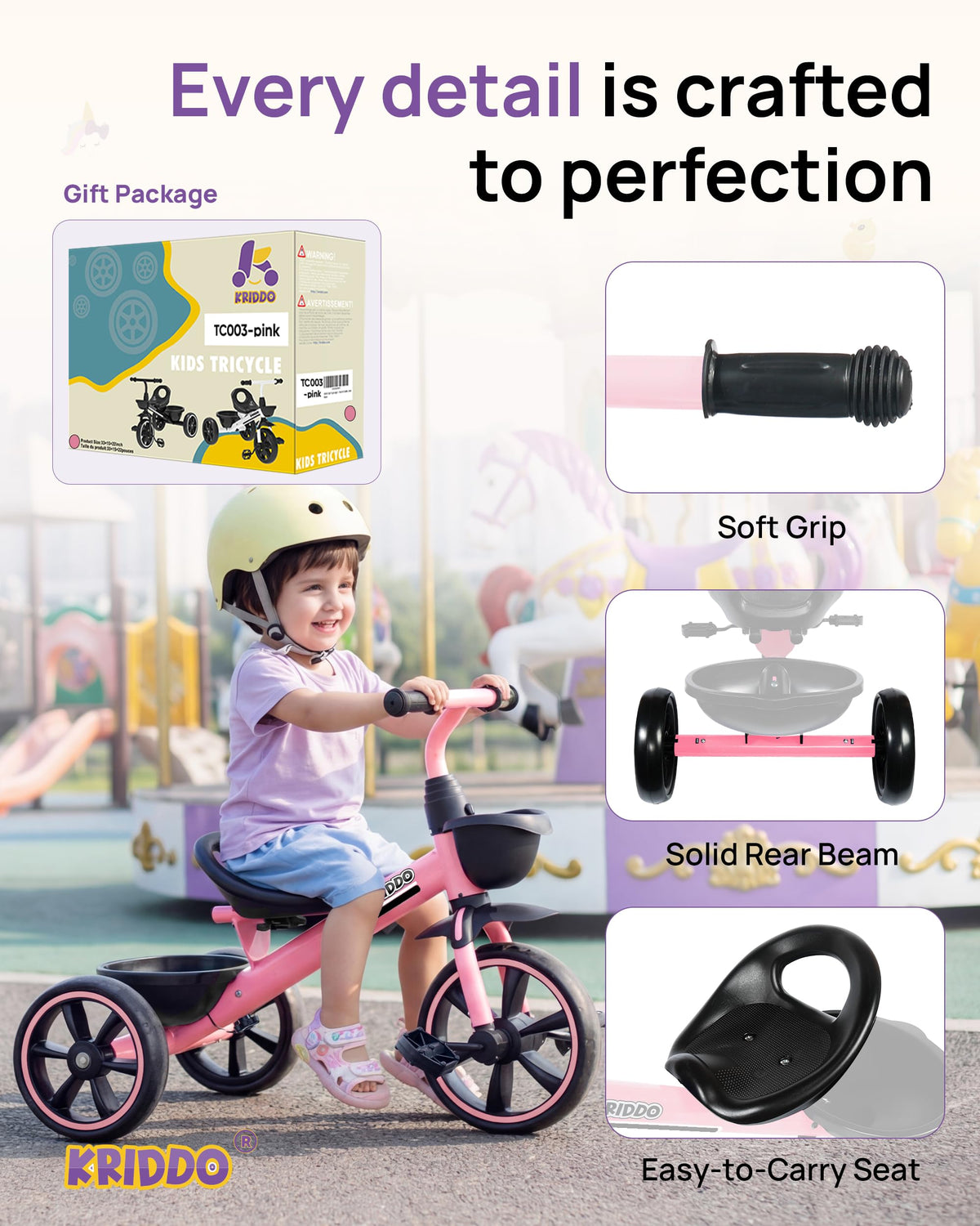 KRIDDO Toddler Tricycle for Toddlers Age 2-5, Tool-Free Trike