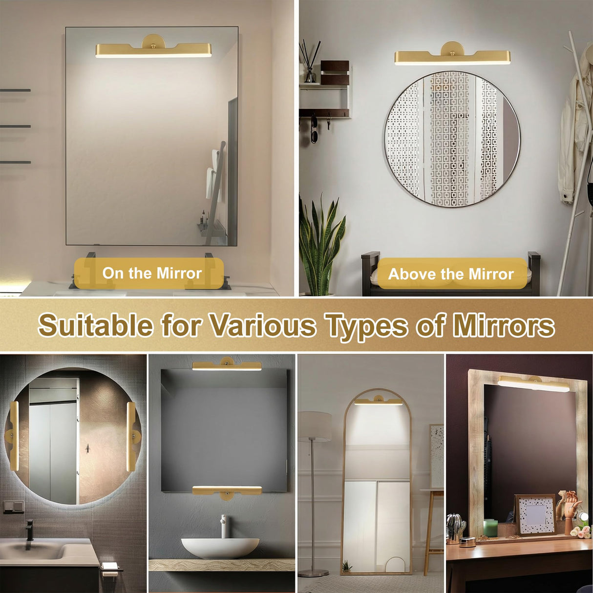 Benreom Wireless Vanity Lights for Mirror, Rechargeable Battery Operated Stick on Lamp, Adjustable Makeup Light, Cordless Magnetic LED Bar Renter Friendly Lighting Decor Gift, Gold