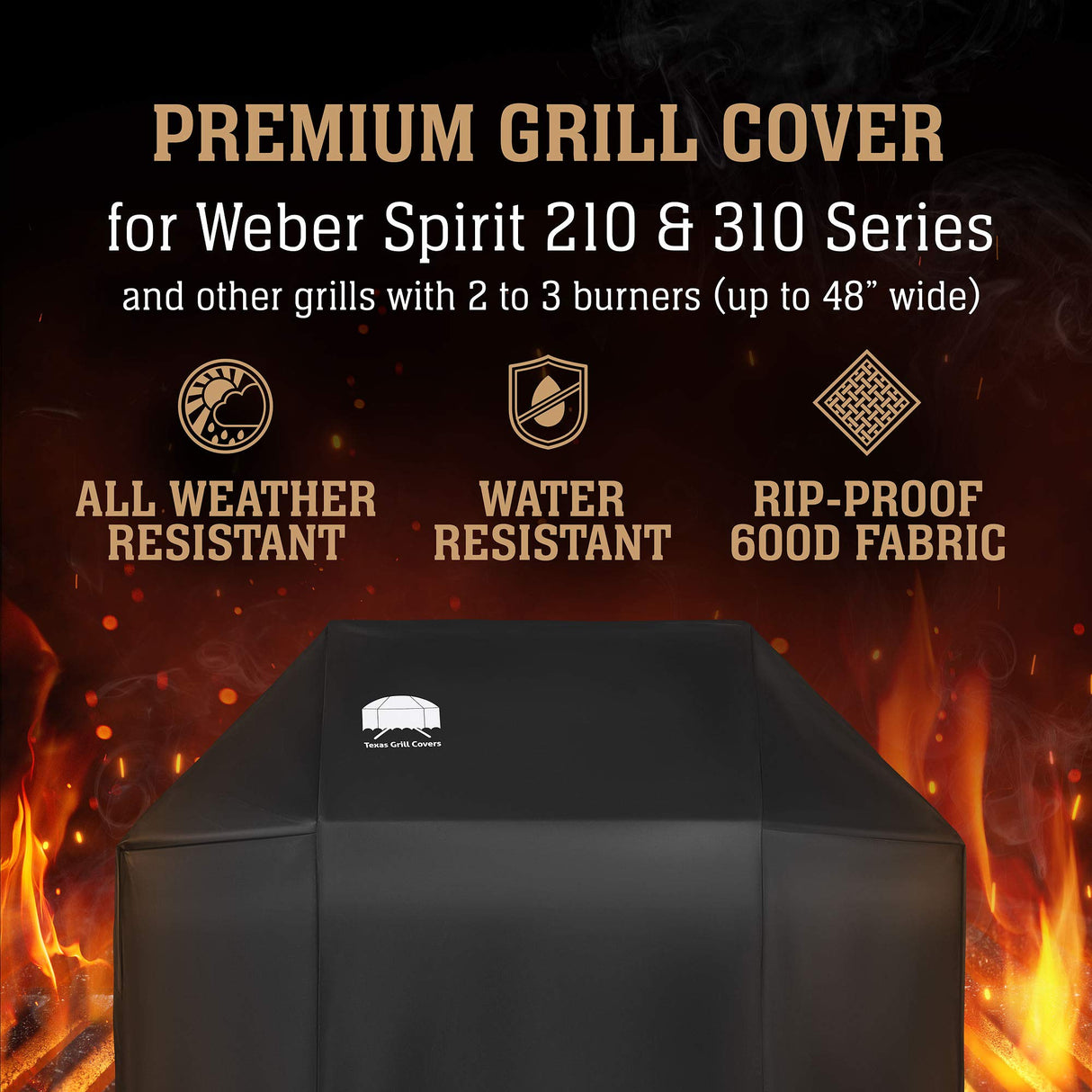 Texas Grill Covers - Grill Cover for Weber Spirit II 300, Sprit 300 and Spirit 200 Series / 7106 - Heavy Duty/Rip-Proof UV Resistant Fabric - Grill Brush and Barbecue Tongs Included- Black