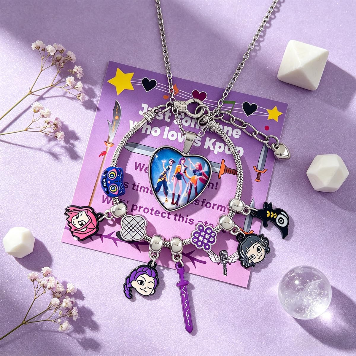 AmaAccess Kpop Charm Bracelet Merch Gifts, Adjustable Cartoon Bangle and Necklace Jewelry Set for Fans Women Christmas Birthday (Set1)
