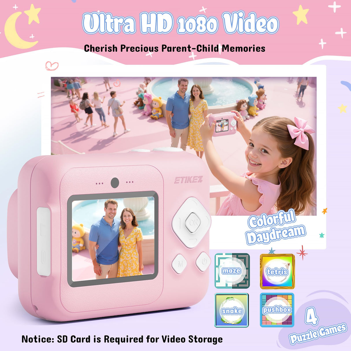 ETIKEZ Kids Camera, 1080P Instant Digital Print Camera for Kids, Christmas Birthday Gifts for 4 5 6 7 8 9 10 Year Old Girls Boys, Portable Toy with 32GB SD Card & 3 Rolls Printing Paper, Pink