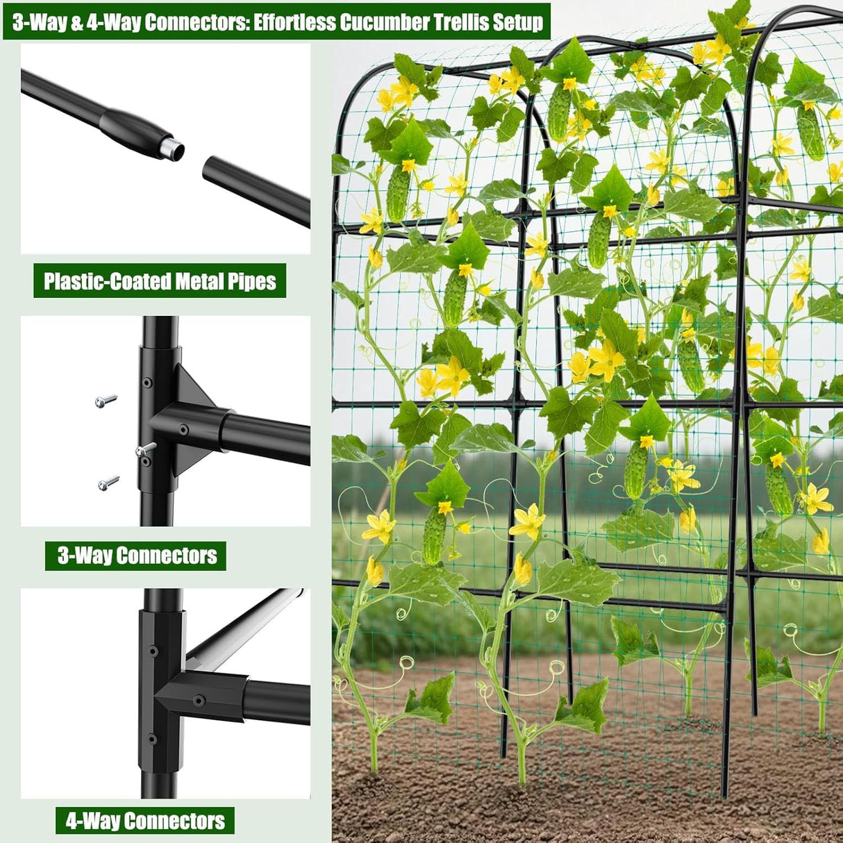 whiffee 7.3FT Cucumber Trellis for Raised Bed, Garden Arch Trellis with Net