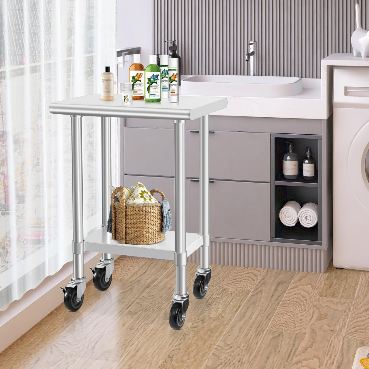 HARDURA Stainless Steel Commercial Table Prep & Work Table with Casters Heavy Duty Metal Table with Wheels NSF 430 18×24 Inches