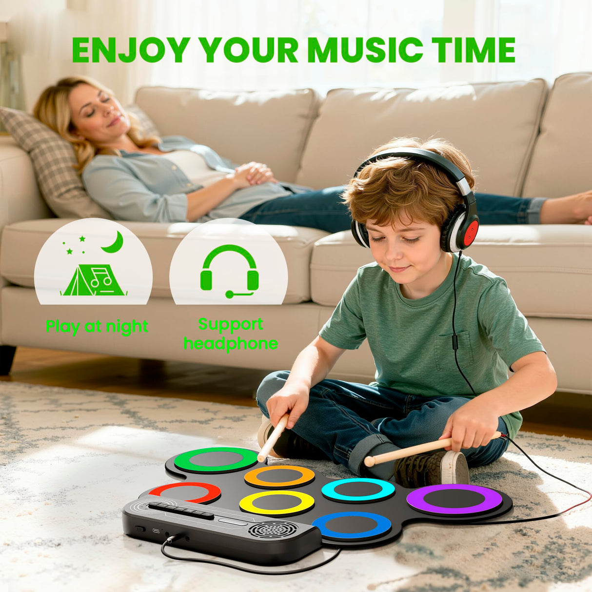 VerkTop Electric Drum Set Built-in Speaker, Kids Electronic Drum Practice Pad Kit, Portable Roll Up Drum Machine with 2 Foot Pedals, Drumsticks, Great Birthday Christmas Gifts for Girls Boys