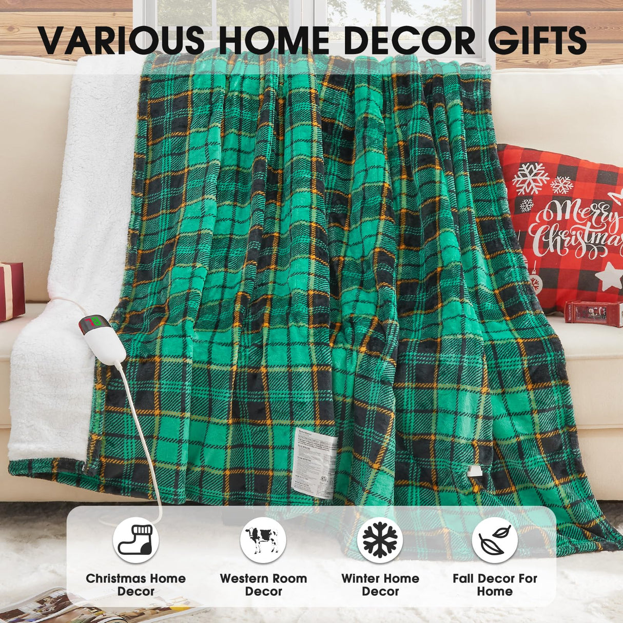 Green Heated Blanket Electric Throw 50X60, Heating Blanket for Couch, Plaid Sherpa Winter Blankets Warmer, 10 Levels & 8-Hour Auto Off, Fast Heated House Warming Gifts New Home Christmas Decor for Mom